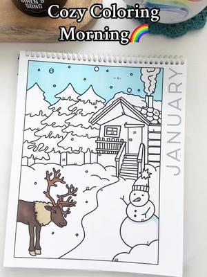 Cozy, comfy, and full of color! Bundle up this morning and take a few minutes to relax while you color in your snowy friend’s hat. ❄️ #adultcoloringpage #easycoloringbook #deskcalendar #colorwithme 