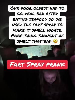 Making our oldest feel like he was smelling real bad after eating @Huck Finn’s Catfish.  Also this was before we told them about the fart spray 😂 #fartsprayprank #fartspray #newyearnewaura 