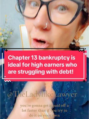 Replying to @KrisLee Bankruptcy & high earners… why would somebody who makes a good living be exploring a chapter 13 bankruptcy? Chapter 13 bankruptcy is ideally suited for high earners. It’s the people who are right on the cusp who really struggle in a chapter 13 bankruptcy.  Chapter 13 bankruptcy is safer than debt settlement or high interest, daily compounding consolidation loans. Bankruptcy protects the equity in your home and in your retirement plan so you would not want to borrow from the home equity line of credit or from your 401(k) to pay this debt.  Bankruptcy is the safest, smartest choice to protect your home, your retirement, and to allow you to get back into the financial game as quickly as humanly possible. I’m a bankruptcy lawyer and I help people navigate debt relief with dignity.  #debtreliefwithdignity #magicofbankruptcy #chapter13 #bankruptcy #high #earner #highearner #ideal #worksgreat #bestchoice #strugglng #bankruptcybasics #financialliteracy #noshame #nojudgment #askme #nogatekerping #bankruptcylawyer #bankruptcytok #debtfree #debtfreejourney 