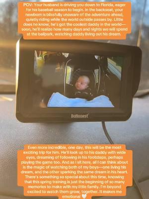 Your husband is driving you down to Florida, eager for his baseball season to begin. In the backseat, your newborn is blissfully unaware of the adventure ahead, quietly riding while the world outside passes by. Little does he know, he’s got the coolest daddy in the world—soon, he’ll realize how many days and nights we will spend at the ballpark, watching daddy living out his dream.  Even more incredible, one day, this will be the most exciting trip for him. He’ll look up to his daddy with wide eyes, dreaming of following in his footsteps, perhaps playing the game too. And as I sit here, all I can think about is the magic of watching both of my boys—one living his dream, and the other sparking the same dream in his heart. There’s something so special about this time, knowing that this spring training is just the beginning of so many memories to make with my little family. I’m beyond excited to watch them grow, together. It makes me emotional 🤍 #newborn #newmom #boymom #babyboy #professionalbaseballplayer #professionalbaseballwife #futurebaseballplayer #springtraining #MLB #milb 