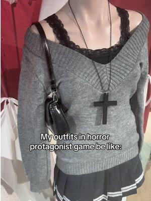 A good way to style dark color outfits! Wear or tear? * #y2k #outfitinspo #outfitideas #stylish #winterfashion #horrorgame #horrorgameprotagonist #darkfeminine #aesthetic #horrorprotagonist #animegirl #altfashion #sweater #alielnosirrah 