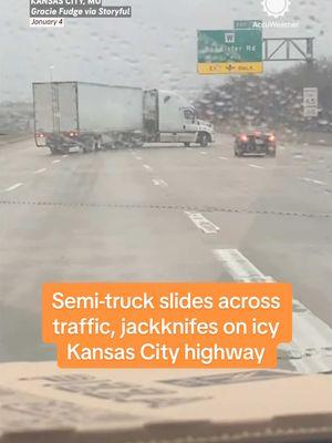 A woman caught the terrifying moment a semi-truck slid across multiple lanes of traffic and jackknifed on an icy highway in Kansas City, Missouri, on Saturday.  #ice #icestorm #icy #kcmo #kansascity #truckdriver #semitruck #caughtoncamera #accuweather 