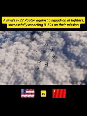 A single F-22 Raptor against a squadron of fighters, successfully escorting B-52s on their mission. #fighterjet #military #usaf #usa #usairforce #usmilitary #usarmy #f22raptor #f22 #su27 #intercept #j11 #j15 #chinesefighterjets. This video was created digitally.