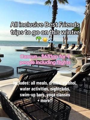 🚨LAST MINUTE TRAVEL DEAL Comment FRIENDS for the booking link! Go to Cancun with your friends this winter Jan 28 - Jan 31 starting at $631 per person!! 🤯 flights from DFW and other major us airports. This insane travel deal is too good to miss at this STUNNING all inclusive resort - meaning all your drinks, meals, alcohol, snacks, activities, etc included! Even your roundtrip airfare and transfer to airport! Message us FRIENDS to book this before it is sold out! • • • #allinclusive #allinclusiveresort #traveldeal #traveldeals #friendstrip #lastminutetrip #caribbean #caribbeantravel #tropicaldestination #tropicalgetaway #luxurytrips #luxurytraveldeals #travelexpert #cancun #girlstrip #BestFriends #friendtrip 