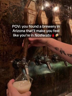 The coffin tap handles > 👀⚰️ if you live in AZ, you have to go!!!! if nosferatu had a brewery, this is where he would be…plus they have housemade cream soda & rootbeer 😻 send this to who you wanna go with!!! #arizona #nosferatu #phoenix #brewerytok #fountainhills #brewery #vampire #coffin 