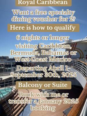 Get that free food!  New bookings only made between January 1-31,2025  #rccl #royalcaribbean #comeseek #royalcaribbeanta #royalcaribbeantravelagent #yourfamilytravelplanner #marvelousmousetravels #mmtatsea 