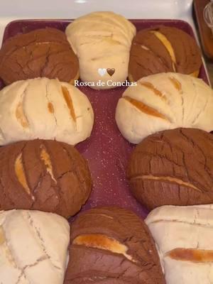 Rosca de Conchas 🤍🤎 Feliz Dia de Los Reyes Magos !  Recipe:  500g all purpose flour 3 eggs (room temp.) 1 stick of salted butter (room temp.) 100g granulated sugar 14g yeast 1/2 cup + 1 tbsp milk (warm) 1 tbsp vanilla  orange zest  Concha Topping: 135g Flour 135g Powdered Sugar 140g Vegetable Shortening Cocoa powder  Vanilla Extract  Add yeast to the warm milk along with a tablespoon of flour and sugar, whisk together. Let it to rise.  Sift the flour before adding it to the bowl. Mix the flour, sugar and then slowly add in the eggs and milk.Lastly add in the room temperature butter and vanilla. Mix until dough is formed. Knead dough by hand on a floured surface for a couple minutes. Form the dough into a ball and place it in an oiled bowl. Cover and let it rise until it doubles in size. Separate dough into even balls (120g) and flatten. To a few of the conchas (we did 4) add some of the concha topping in the middle to differentiate it or the others. Add concha topping. Place them in a circle. Let dough rise once more for about 1 hour. Heat oven to 350F. Bake for 20-25 minutes until golden brown. Enjoy! #diadelosreyesmagos #mexicanantojitos #conchas #roscadereyes 