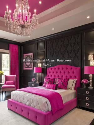 Part 2 - Master Bedrooms inspired by Barbie. 💖  Shop storefront for home decor & more - link in bio! Photos are AI Generated for inspiration. #barbiegirl #barbie #BarbieMovie #pinkbedroom #girlybedroom #tuftedbed #pinklamp #feminine #prettyinpink #magenta 