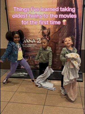 Things I’ve learned taking twins to movies for the first time : 1. Stuff your bags full of snacks because it’s too expensive out here. If not, buy a large and share it out  2. Sit near stairs for easy access to bathroom 3. Be ready to snuggle and go with the flow. #twosetsoftwins #twinmom #momsofmultiples #blacktwins #twinsoftiktok #4under3 #movies #moana #toddlerhacks #blacktwinmom #blacktwinsisters #htx #htxcontentcreator #moviedate #kids #toddlersoftiktok #htxcreator #bonusmom 