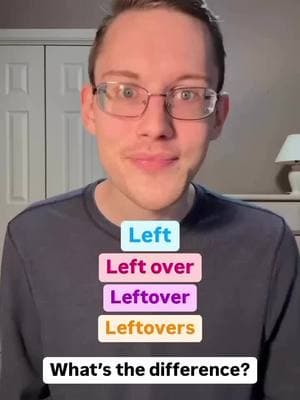 Left, left over, leftover, leftovers... what’s the difference? These words obviously look very similar, but there are slight differences in use between them that you’ll need to understand in order to use them correctly. I explain these differences in today’s video, and to show me that you understand them, make sure to write at least one or two sentences with them in the comments! Here are the meanings of the words and phrase I teach you in today’s video: 🔸Left = if something is left, it’s remaining and still there. We simply use this word to say how much or how many of something we still have now after some of it has been used, and that’s it! Here are some extra examples: We had eight apples at the beginning of the week, but it’s only Wednesday and there are now only two left. I’m sad because we only have one week of vacation left. 😢 🔸left over = if something is left over, it wasn’t used or necessary, and it’s an extra amount of something; for example, it can be an extra amount of food that wasn’t eaten after a meal, or an extra amount of money that wasn’t spent when making a purchase and can still be used in the future: There was so much turkey left over from Thanksgiving that we had turkey sandwiches for dinner three days in a row. If there’s any paint left over after putting down the last coat, we can use it for touch-ups around the house. 🔸leftover = an adjective placed before nouns that means “not eaten or used”: There was so much leftover soup after dinner that it lasted us for days. 🔸leftovers = remaining food after a meal, and always a noun: When she goes back home, her parents always make her a big meal and put the leftovers in a tupperware container that she takes with her. If this video was helpful, let me know by giving it a ❤️ and following for more videos just like this if you haven’t already! 😄 . . . . . #esl #eslteacher #englishlanguage #languagelearning #whatsthedifference #speakenglish #advancedenglish 