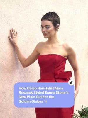 #EmmaStone debuted a pixie cut at the #GoldenGlobes 🤩 We got an exclusive look at how celebrity hairstylist Mara Roszak styled her new pixie cut, revealing the detailed prep behind the actor's dramatically different look ✨ Learn more about the details behind the products used for her look at the link-in bio! Video courtesy of @Mara Roszak #pixiecut #pixie #pixiehaircut #goldenglobes 