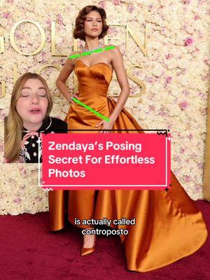 ZENDAYA’S EFFORTLESS POSING HACK 📸 Awkward in photos? Try out this body positioning trick Zendaya did on the Red Carpet at the 2025 Golden Globes. ❌ THE ISSUE ❌ When we pose for photos, we’re taking a 3D human and compressing them into a 2D image. For this reason it’s really easy to look boxy or “flat” in photos. ✅ THE SOLUTION ✅ Place your weight on the leg that’s furthest from the camera, and slightly raise your opposite shoulder. This will add more dimension to your pose and allow you to look more dynamic. - #posingtips #goldenglobes #posingtipsandtricks #goldenglobes #celebrityposingtips  Celebrity posing tips. Red carpet posing tips. Zendaya. Golden Globes 2025.