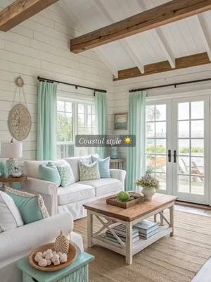 Here are the top six essentials to create a coastal style for your home: 1. Neutral Color Palette with Oceanic Hues: Opt for a foundation of whites, creams, and beiges, accented by blues, seafoam greens, and soft grays. This palette mimics the sand, sea, and sky. 2. Natural Materials and Textures: Incorporate materials like rattan, wicker, jute, seagrass, and light woods. Think woven baskets, coastal rugs, and furniture with a natural, airy feel. 3. Nautical or Ocean-Inspired Decor: Add coastal accents such as driftwood, coral, seashells, lanterns, or nautical rope. Avoid going overboard—choose a few curated pieces for a sophisticated look. 4. Light and Breezy Fabrics: Use lightweight curtains (like linen or sheer cotton) to let in natural light. Add throw pillows and blankets in soft textures with coastal-inspired patterns, such as stripes or waves. 5. Artwork and Wall Decor: Feature beach-themed or oceanic artwork. Think serene landscapes, abstract watercolors, or framed vintage maps. Shiplap walls or beadboard can also enhance the coastal vibe. 6. Functional and Open Spaces: Embrace an airy layout by decluttering and focusing on open, inviting spaces. Coastal homes often emphasize a connection to the outdoors, so prioritize natural light and easy access to outdoor areas. Shop link in bio for home decor and more. 🔗 Photos are AI Generated for inspiration. #coastaldecor #coastalstyle #beachhome #beachhomes #coastalhome #coastalblue #beams #bluedecor #dreamhouse #goals #dreamhomegoals 