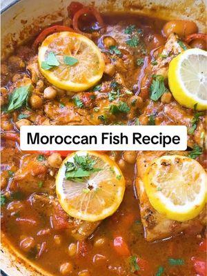 Moroccan Fish Recipe - this easy recipe is next up in my 30 Day Mediterranean Diet Meal Plan!  It’s a simple braised cod recipe in a saucy chickpea, tomato and bell pepper medley with warm Moroccan spices including Ras El Hanout. This is basically a braised cod recipe with a big Moroccan twist!  Are you following along as I share Mediterranean Diet recipes over the next 30 days?! If you’ve been wanting to follow the Mediterranean Diet, this meal plan is for you!  #moroccan #moroccanfood #fishrecipe #fishrecipes #moroccanfishrecipe #mediterraneandiet #mediterraneandietrecipes #mealplan #mealplanning #mealplanideas #healthyrecipes #mediterraneanfood #mediterraneanrecipes #easyfishrecipe #codrecipe  Ingredients:  Extra Virgin Olive Oil 8 garlic cloves, divided (4 minced cloves and 4 sliced) 2 tbsp tomato paste 2 medium tomatoes, diced 1 red pepper, cored, sliced 1 15-oz can chickpeas, drained and rinsed 1 1/2 cup water Large handful fresh cilantro (about 1 cup fresh cilantro) Kosher salt and black pepper 1 1/2 tsp Ras El Hanout, divided 1 1/2 lb cod fillet pieces (about 1/2 inch in thickness) 3/4 tsp paprika 1/2 tsp cumin Juice of 1/2 lemon 1/2 lemon, sliced into thin rounds