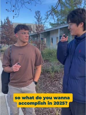 we’re backkkkk ✨ #ucdavis | #2025  video description: two students speak to the camera with Mrak Lawn behind them followed by a compilation of interviews with other students being asked about their goals for the year. yellow and blue captions appear at the bottom. 