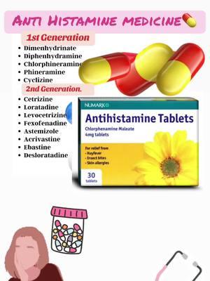 Anti Histamine medicine💊 ✅1st Generation: • Dimenhydrinate • Diphenhydramine • Chlorphineramine • Phineramine • Cyclizine ✅2nd Generation • Cetrizine • Loratadine • Levocetrizine • Fexofenadine • Astemizole • Acrivastine • Ebastine • Desloratadine #nursingnotes #internationalnurses #nepalinurse🇺🇸 #nursingstudent #internationalnurse #pharmacytechnician 