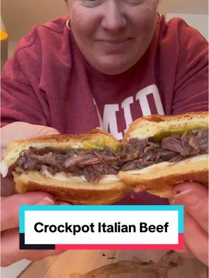 Crockpot Italian Beef - one of our favorite easy recipes. And you only need a few simple ingredients! 🥰 Ingredients 3-4 lb chuck roast 2 packets zesty Italian seasoning 1/2 cup water Pepperoncinis  Hoagie Rolls Provolone cheese  Instructions Add your roast to a slow cooker and cover with the seasoning mixture Add the water, a few pepperoncinis, and a little juice from the jar over the roast and cover with the lid.  Cook on medium high for about 6 hours.  When the meat is done, use a fork to pull it apart. Add the meat to a toasted roll with the melted cheese of your choice and enjoy! #allthingsmamma #roast #crockpot #slowcooker #feedfeed #EasyRecipe #comfortfood #todayfood 