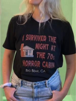 Check out our Merch on Etsy at Unique Stays Club! If you survive that is….. 👻 70s Horror Cabin  Big Bear, CA #themedairbnb #uniquestaysclub #horrorfan #scarymovies #getaway #staycation #horrormovies 