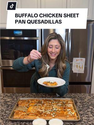 BUFFALO CHICKEN SHEET PAN QUESADILLAS // a new twist on my most viral reel ever - and in my opinion - this one tastes better 🥰 INGREDIENTS: 4 cups shredded rotisserie chicken 3 cups mozzarella cheese 1 12 oz container blue cheese crumbles 16 oz buffalo sauce 12 burrito sized flour quesadillas 1 stick melted butter Blue cheese crumbles & cilantro for garnish  ranch & bleu cheese for dipping INSTRUCTIONS:  1) Preheat the oven to 450 degrees. In a large bowl, mix together chicken, mozzarella, bleu cheese and buffalo sauce. Set aside.. 2) brush melted butter on cookie sheet, then layer on tortillas, overlapping each other & on the sides. evenly distribute buffalo chicken mixture on top of tortillas. Place 2 tortillas in the center, on top of the mixture, then fold over tortillas on the edges. Brush on the rest of the butter and add second cookie sheet on top, smashing quesadilla together. Cook for 25-30 minutes. 3) Remove from oven, allow to cool. Cut into pieces (using a pizza cutter). Add ranch and bleu cheese, serve and enjoy! #superbowlsunday #appetizers #buffalochicken #EasyRecipe #SuperBowl #football #partyfood #appetizer #quesadilla #DinnerIdeas #momof4 #momoffour #boymom #trending #Foodie #fypシ 