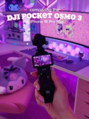 A quick DJI Osmo Pocket 3 trial & comparison! 💕💜 My new camera purchase came in today! 😍 I’m so excited~ 🌝 I wanted to compare the video quality with my iPhone 16 Pro Max at my gaming setup, so let me know what you think of the results! Sometimes it’s hard to tell the difference, but from behind the camera, the Osmo Pocket 3 is so easy to use and I’m loving the results of video I shot today just testing it out. I’ve been having a lot of issues filming on the iPhone that continue to frustrate me, so I’m trying out something new! 😊 I’ve wasted so much time trying to get the iPhone to correctly capture white balance off the bat, having ambient lighting be blown out, focus issues, and more. I also wanted to be able to easily capture things at different angles while simultaneously filming on my iPhone, and filming myself will be so much easier on the Osmo Pocket 3. It’s only my few day using it, so I’ve got a lot to learn, but I can’t wait to film more on it soon! 🥰 🎀💗🎀💗🎀💗🎀 #djiosmopocket3 #iphonecomparison #cameracomparison #GamingSetup #vloggingcamera #techreview