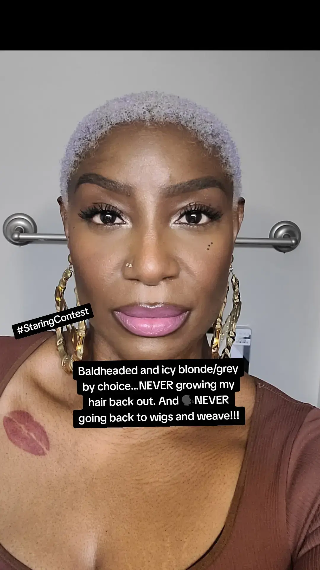 Baldheaded and icy blonde/grey by choice...NEVER growing my hair back out. And 🗣NEVER going back to wigs and weave #baldheadedscallywag  #Baldheaded  #baldheadedbychoice #ChocolateBlonde #NaturalHair #icyblonde #TWA #NaturalHairTok #nowignoweave #BlackTok 