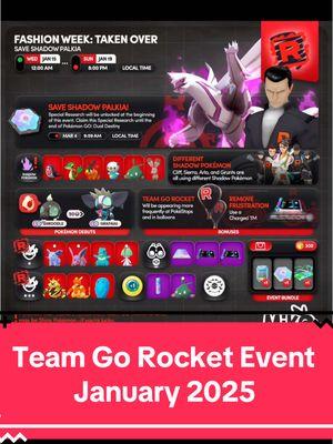 Pokemon go team rocket event is for January 2025 is called Fashion Week: Taken Over that starts Jan 15 to Jan 19 with a new shadow Pokemon to save, Shadow Palkia #pokemongotiktok #pokemongonews #pokemongoevent #shadowpokemon #teamgorocketbattle #pokemongodaily #pokemongotrainer #greenscreen 