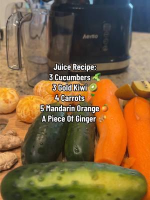 Juice Recipe: 3 Cucumbers 🥒  3 Gold Kiwis 🥝  4 Carrots 🥕  5 Mandarin Oranges 🍊  A Piece Of Ginger 🫚  This recipe serves two & of course, bae approved 😋🧡 #ColdPressJuicer #ColdPressJuiceRecipes #JuicingRecipes #Juicing #Fyp 