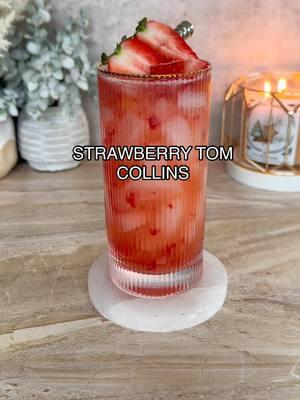 STRAWBERRY TOM COLLINS Muddled strawberries 2 oz Gin 1 oz Lime Juice 3/4 oz Simple Syrup  Topped off with sparkling water  #tomcollins #cocktailrecipe #fruitcocktail #drinkrecipe