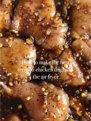 HOW TO MAKE THE BEST AIR FRYER TERIYAKI CHICKEN THIGHS⬇️ If you need a new weeknight meal to add to your rotation. Try making these crispy and juicy air fryer teriyaki chicken thighs. You can enjoy them in a variety of ways. But my favorite is in a well balanced loaded bowl.  Air Fryer Teriyaki Boneless Chicken Thighs 1 lb boneless/skinless chicken thighs 1/4 cup teriyaki sauce 1/4 cup coconut aminos 4 garlic cloves minced 1 tsp sesame oil 1 Tbsp chili crunch 1 Tbsp hot honey or regular honey 1 Tbsp minced ginger Salt + pepper to taste  Instructions: 1. Salt + pepper both sides of the chicken thighs and add to a shallow glass dish 2. Add everything for the marinade to a bowl or measuring cup and whisk until combined  3. Pour over the chicken thighs and marinate for 1-2 hours 4. Bring to room temperature (about 20 minutes) 5. Add chicken thighs to lined air fryer dish and cook on 400 F for 20-25 minutes or until cooked through (cook time will vary depending on thickness of chicken thighs) 6. Let rest for 5 minutes and enjoy  . . #chickenthighs #bonelesschicken #airfryerchicken #airfriedchicken #teriyakichicken #easyrecipesathome #teriyakisauce #chickenteriyaki #easydinnerideas #weeknightdinner #weeknightmeals