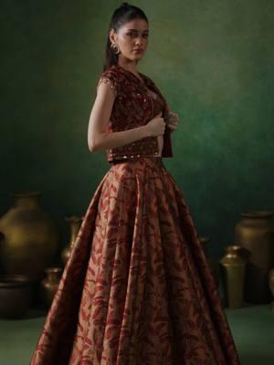 Presenting our Maroon Embroidered Brocade Lehenga With Jacket. #indianoutfit #lehenga #lashkaraa