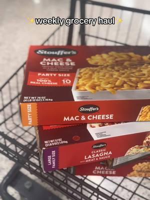 Weekly grocery haul 🤝 #comfortfood #stouffers #macandcheese #lasagna #enchiladas #frozenmeals #whatsfordinner #DinnerIdeas #foodietiktok #addtocart #cheeselover #trending #fyp 