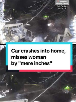 The driver of an SUV almost hit a woman when they crashed into the porch of her house in Columbia, South Carolina, on Jan. 4. The woman, Katie Abraham, said the driver missed her by “mere inches” and that she was on her cellphone when the incident happened. The crash caused a hazardous gas leak, according to police, and the damaged home and surrounding homes were temporarily evacuated. Police said they were responding to a dispute at a party at a rental property nearby, and saw the vehicle leave and “nearly strike people standing outside while driving off.” Officers followed the SUV, which had its headlights turned off, and attempted a traffic stop of the vehicle before the driver fled and lost control of it, crashing in front of Abraham’s home. Several people were seen leaving the car after the incident. Authorities said they’re still working to identify the driver. #columbia #southcarolina 