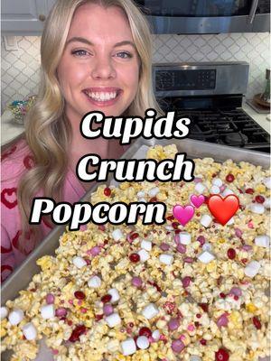 CUPIDS CRUNCH POPCORN 💕❤️ Melted white chocolate Popcorn Mini marshmallows Valentines Day m&ms Red + pink sprinkles Chocolate covered pretzels if you have them #ValentinesDay #vday #valentinesdayrecipe #cupidscrunch #kidsfood #kidsfoodideas #festivefood 