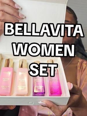 this whole set is amazing! I feel like this whole box describes a women very well! these are most definitely getting thrown in the travel bag. which one is your favorite! bellavita did their big one #bellavita #bellavitaluxuryperfume #perfumetiktok #perfumetok #perfumes #arabicperfumes #arabicperfume #smellgood #foryou #viral 