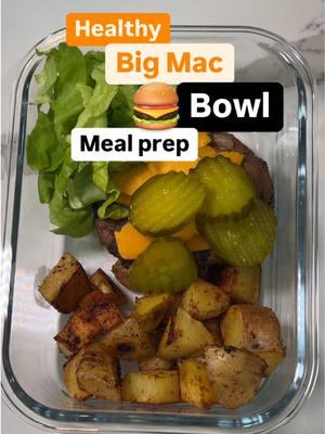 HIGH PROTEIN BIG MAC BOWLS🍔 Ingredients -9 med size white Potatoes (spices- salt, pepper, garlic, onion, paprika) -2lbs 95/5 ground beef -8 slices low-fat cheese -dices sweet yellow onion  -1 tbsp Worcestershire -1 tbsp yellow mustard -salt and pepper Burger Sauce -½ cup light-mayo -3 tbsp low-sugar ketchup -3 tbsp yellow mustard -¼ teaspoon garlic -pickles -shredded iceberg lettuce 👨‍🍳 DIRECTIONS: -Preheat oven to 425°F -Cut Potatoes into ½-inch cubes -Place potatoes in a bowl lightly spray with cooking spray, add garlic powder, onion powder, paprika, salt pepper, and mix -Roast for 25-30 minutes, flipping halfway, until golden and crispy BURGER; -Add ground beef to a mixing bowl -Add Worcestershire, onion, yellow mustard, salt, and pepper. -Once once mixed together make burger patties -Grill burgers 6 mins each side on med-low heat (or pan fry) Burger Sauce -In a bowl, combine light mayo, low-sugar ketchup, yellow mustard, and garlic powder Assemble burger bowls as desired, either for meal prep for later, or right away for your entire family to enjoy! Like this recipe? check out my page for more fun high protein low calorie meal and snack ideas! #weightloss #weightlosstransformation #highprotein #mealprep #healthysnacks #healthybigmac