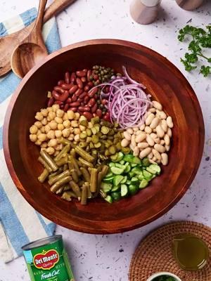 No gatekeeping here, we’re spilling the beans for our fresh take on the Dense Bean Salad 🤗🤤 #densebeansalad #delmonte #delmonteus #delmontegreenbeans #greenbeans #saladrecipe #winterrecipes Dense Bean Salad Prep Time: 10-15 mins (plus chilling time) Servings: 6 Ingredients 3 (15 oz) cans mixed beans drained and rinsed (kidney, garbanzo, cannellini, etc.) 1 (14.5 oz) can Del Monte Cut Green Beans ¼ cup red onion very thinly sliced or chopped 2 scallions sliced ¼ cup chopped fresh parsley and fresh dill 3 Persians cucumbers chopped or one large English cucumber chopped 3 tablespoons chopped dill pickles or sweet pickles 1 tablespoon capers drained and roughly chopped For the dessing ⅓ cup apple cider vinegar ½ cup extra-virgin olive oil 1 teaspoon Dijon mustard 1 to 2 teaspoons honey or maple syrup, optional (or sugar to taste) ½ teaspoon salt, plus more to taste ¼ teaspoon fresh ground black pepper Directions 1. Place all salad ingredients, including Del Monte Cut Green Beans, into a large bowl. 2. Make the dressing:In a small bowl, whisk together the apple cider vinegar, honey, olive oil, dijon mustard, and salt and pepper. 3. Pour the dressing over the beans and toss to coat. Serve immediately or cover the bowl and refrigerate the salad for at least 1-2 hours or up to 3-5 days, then serve.