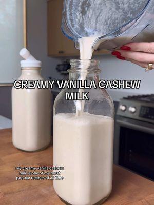 CREAMY VANILLA CASHEW MILK (no straining through a nut milk bag required)✨ the staple of all recipe staples in my daily routine! This creamy, flavorful, homemade cashew milk is not only a more delicious and cost effective option than store-bought milks, its also a healthier choice because its naturally sweetened and doesn't contain any of the artificial flavors, thickeners, or seed oils that at all too common in the milks lining store shelves. Once you taste this, you will never go back to store-bought and your at-home latte ritual will become even more cherished! Ingredients: 1 1/2 cups soaked raw cashews (soaked at least 4 hours or up to overnight) 7 cups water  1/4 cup coconut cream  1 heaping tbsp vanilla extract  3 pitted dates (or 3 tbsp honey or maple syrup) 1 tsp sea salt Directions: Add your raw cashews to an airtight container and cover with water Soak overnight or for at least 4 hours Strain your cashews and rinse until the water runs clear Add all of your ingredients to a high speed blender (like a @vitamix) and blend for 2 minutes until frothy Store in the fridge in an airtight container for up to a week Enjoy! FAQs:  How long does it last in the fridge?  - 5-7 days Can I use roasted cashews?  - Yes, but raw cashews have a more subtle flavor and creamier finish  How long do I soak the cashews? - I soak mine overnight. I suggest a minimum of 4 hours. What is coconut cream? - Coconut cream is the thick layer at the top of a can of coconut milk What if I don’t have a high powered blender?  - Strain the mixture through a nut milk bag after blending Is separation normal? - Yes! Separation is normal. Simply shake it up before use. (Grittiness is NOT normal. This means you didn't blend for long enough or your blender is not high powered enough) Can I omit the coconut cream? - Yes, the coconut cream is for extra creaminess but it can be omitted Can I use almonds?  - Yes, but you will need to strain the blended mixture through a nut milk bag How much milk does the recipe make?  - About 2 liters  Where do I find your milk bottles? - Linked in my Amazon store Follow for more healthy recipes inspo!🤍  . . #creamycashewmilk #vanillacashewmilk #cashewmilk #healthyrecipe #recipereels #nutmylkrecipe #homemadenutmilk #asmrvideo #nostrainnutmilk 