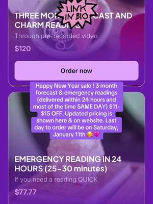 Happy New Year Sale ! $11-$15 off my 3 month forecast & my emergency readings (delivered within 24 hours & usually same day) available thru my website 💜 (my Stan Store) 🔗 in profile ✨💖 LAST DAY IS SATURDAY, 1/11 💖 #happynewyear2025 #happynewyearsale #tarotreaders #tarotreaderoftiktok #entrepreneurship #entrepreneurtok #entrepreneurjourney #girlboss #bosslady #bossbabe 