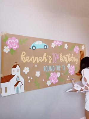 i can't lie this took forever but i'm OBSESSED!!!!!🩵🫶🏼✨🎂🌸🤠 #brownpaperbanner #bannerpainting #paintwithme #birthdaybanner #fyp #roundtoptx 