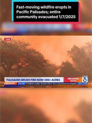 #Palisadesfire LOS ANGELES (KTLA) – The entire community of Pacific Palisades is being told to “evacuate now” due to a rapidly spreading wildfire in the Los Angeles area. The Palisades Fire was first reported around 10:30 a.m. Tuesday in the 1100 block of North Piedra Morada Drive. It exploded to more than 200 acres as of noon, according to Los Angeles Fire Department spokesperson Erik Scott. “Fire is burning westward near the Pacific Palisades Highlands community with Rustic Canyon to the East & Topanga Cyn to the West are all under Evacuation warning,” Scott said. Evacuations were ordered for the entire community down to the Pacific Ocean, according to CalFire. Evacuees were urged to travel south toward Pacific Coast Highway utilizing Palisades Drive and Sunset Boulevard. The evacuation order also included areas of Malibu east of Las Flores. More than 100 firefighters and pre-positioned strike teams were battling the blaze, David Ortiz of the LAFD said #ktla #ktla5news #ktla #BreakingNews #Live #Calfire #Fire #palisades #fire #now 