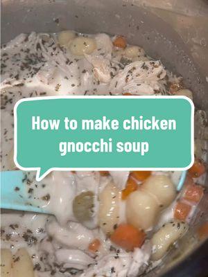 Here is the actual recipe and instructions. Mine was missing ingredients but was still just as delicious!  Ingredients 6 slices Thick Cut Bacon, chopped in bite sized pieces 2 Tbsps Butter 1 Onion, chopped 3 large Carrots, chopped 1 Bay Leaf 2 ribs Celery, chopped 6 cloves Garlic, pressed or finely minced 1 sprig Fresh Rosemary, about 5 inches long ½ tsp Basil, dried ½ tsp Thyme, dried ¼ tsp Poultry Seasoning 2 tsp Italian Seasoning ½ tsp Kosher Salt ½ tsp Pepper 4 cups Chicken Broth, low sodium 2 to 3 Chicken Breasts, uncooked, boneless, skinless 16 oz Gnocchi (I get the refrigerated package, or the one by the dry pasta at the store.) ½ cup Parmesan Cheese, grated 5 oz Baby Spinach, fresh 1 cup Heavy Cream Instructions 1. Turn on the Sauté function (Med/Normal heat) and add the chopped bacon. Cook until mostly done. 2. Add the butter, onion, carrot, celery, and bay leaf, and cook, stirring occasionally, for 5 minutes or until onions are just starting to turn translucent. 3. Add the rosemary, basil, thyme, poultry seasoning, Italian seasoning, salt, pepper, and the garlic. Cook for about 1 minute, stirring frequently. 4. Add the chicken broth. Stir. 5. Add in the chicken breasts. 6. Put the lid on and lock in place. Set the steam release knob to the Sealing position. 7. Cancel the sauté function. 8. Press the Pressure Cook (or Manual) button or dial, and the + or - button or dial to select 10 minutes. High pressure. It will take several minutes to come to pressure. 9. When cooking cycle has ended, let the pot sit undisturbed for 10 minutes (10 minute natural release). 10. Next, turn the steam release knob to Venting (in short bursts until you are sure no soup spews out of the vent with the steam), and let the remaining pressure out. When the pin in the lid drops down, open the lid. 11. Remove the chicken breasts to a bowl and discard the bay leaf. 12. Turn on the sauté function again. 13. Add the gnocchi and stir. Place the glass lid, if you have one, on the pot. If you place the pressure cooker's lid on the pot, make sure it is turned to Venting. 14. Cook the gnocchi until it floats to the top. Just a few minutes. 15. Meanwhile, shred the chicken breasts. 16. When the gnocchi is finished, turn off the pot. Add the parmesan cheese and stir. 17. Add the chicken back in, and the spinach. Stir. 18. Stir in the heavy cream. 19. Serve hot. #Recipe #soup #chickengnocchisoup #chickengnocchi #food #Foodie #dinner #DinnerIdeas #easydinner #instantpot #instantpotrecipes #cooking #cookingwithmolly #fyp #foryou #foryoupage #sahm #mom #momlife #toddlermom #easydinnerideas #DinnerIdeas #whatsfordinner #soup #souprecipe #quickdinner #cookingdinner #foodrecipes #ilovesoup #winterdinner #wintermeals #meal #mealsonabudget 