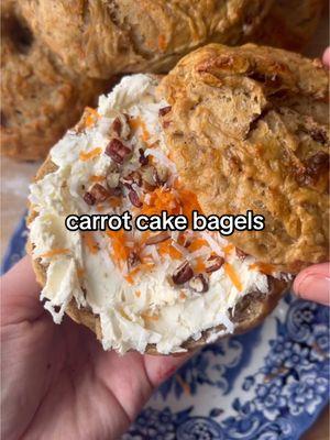 Replying to @Krystle | MOM + RANCH LIFE 1 cup warm water  1 ½ tsp dry active yeast 2 tbsp granulated sugar  3 ½ cups flour  1 grated large carrot  2 tbsp brown sugar  1 tbsp maple syrup 1 tsp cinnamon  ½ tsp nutmeg  ½ cup raisins  ½ cup pecans or walnuts 1. In a large bowl, combine warm water, granulated sugar and dry active yeast – stir to combine and let sit for 5-10 mins until foamy.  2. In a separate bowl, combine flour, brown sugar, cinnamon and nutmeg and stir to combine. Add dry ingredients + grated carrot, raisins and nuts to yeast mixture and mix with a stand mixer using the dough hook for about 5 mins until smooth dough ball forms (if making by hand, mix ingredients until a dough forms and transfer dough to a floured surface. Knead for about 5 mins until smooth dough forms). 3. Transfer dough ball to an oiled bowl and cover with plastic wrap. Let sit for an hour in a warm dry place (countertop) to rise. 4. Transfer now risen dough to a floured surface and cut into 7-8 equal dough balls, however large you want your bagels. Roll with your hands to form smooth balls and cover with a damp towel for 30 mins to rise again.  5. Once risen, poke a hole and stretch in the center of each dough ball to form your bagels. Cover again and let rise once more for 10 mins.  6. Prepare your poaching bath by bringing about 10 cups of water to a light boil with ¼ cup brown sugar and poach your bagels 1 min each side. I poach 2 at a time. Transfer to a lined baking sheet. Bake at 425 F for 20-25 mins until golden.  For the coconut cream cheese, I prepare by mixing a serving of cream cheese with 1 tbsp maple syrup + 1 tbsp of coconut shreds.  Enjoy! xo Hailey 🧡 #Recipe #homemadefood #madefromscratch #breadtok #homemadebread #breadmaking #homemadebagels #carrotcake #breakfastideas 