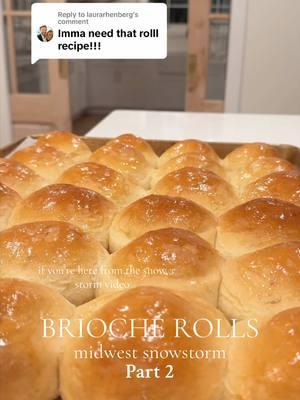 Replying to @laurarhenberg BRIOCHÉ ROLL RECIPE!!!!! ✨🫶🏻 s/o to the 3,000 new friends who stopped by to watch our snow storm! 🥹🫶🏻❄️ 1 c. (scalded) Milk 2 Tbsp Active Dry Yeast 2 Tbsp Cane Sugar 1/2 c. Brown Sugar 1/2 Vanilla Bean Pod (scraped) 1 c. Pineapple Juice 2 Eggs 1/4 c Butter (melted) 1 tsp. Salt 4 1/2 c. Bread Flour (add additional flour by the tbsp until dough pulls from the side of bowl.)  Add milk and yeast to bowl. Let awaken for 5 mins or until bubbly.  Add remaining ingredients. Knead for 5 mins. Let rise until doubled in size. Bake at 350 degrees in a greased pan or on a sheet for 15-20 mins until golden brown.🫶🏻🫶🏻🫶🏻 #hawaiianrolls #brioche #dinnerrolls #snowstorm #homemaderolls #recipes #secretingredient #snowday #part2 