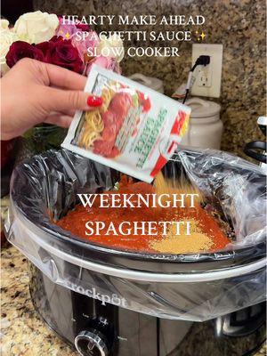 This is your sign to make my hearty spaghetti sauce in the morning & put it in the crock pot on low so at dinner time you just have to boil your noodles. One of my favorite weeknight easy dinners! ✨ #slowcookerrecipe #EasyRecipe #easydinner #crockpotrecipes #crockpotmeals #crockpotdinner #slowcookermeals #slowcookerdinner #easydinnerideas #easydinnerrecipes #spaghetti #spaghettirecipe  