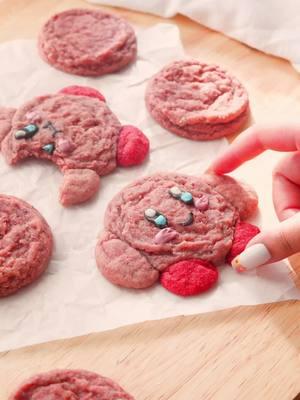 raw beef cookies ❤️ jk they’re strawberry sugar cookies made with freeze-dried strawberry powder! so light, chewy, and full of strawb flavor 🍓  they’re actually super easy to make too! i mixed everything by hand (butter is melted so it’s minimal mixing) and decorated with melted chocolates  recipe on my site! #BitesByBianca #Kirby #KirbyMemes #KawaiiFood #StrawberryCookies #NYCFoodBlogger 