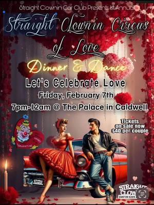 Join Straight Clownin Car Club Idaho  for a Valentines Tejano Dance on February 7 with DJ Lucky at the Palace Event Center! Please help us raise funds for our Annual Easter Event!  Table cost(table of 8)-$160 #includes admission and a nice dinner!  Single ticket-$25 includes dinner!  Couples-$40 includes dinner  #carshow #music #208 #treasurevalleyidaho #oldiesbutgoodies #caldwellidaho #tejanomusic #cumbiamusic @Kilo559G 