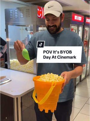 You bring it. We fill it. Only $5. Up to 400oz (2 XL popcorns). Join us on 1/19 aka NATIONAL POPCORN DAY and BYOB! 🍿🫡 #Cinemark #Popcorn #NationalPopcornDay