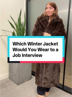 Which winter jacket would you wear to a job interview?    1.    The full-length fur 2.    The old Patagonia 3.    The overcoat  4.    The big puffer winter jacket    There is only one right answer.    ✅ You should wear navy suit to a corporate job interview.  ✅ You should NOT wear black.  ✅ And you should wear an overcoat to a job interview. Not a casual jacket but definitely not a full length fur either.    👉Watch this video  @Anna Papalia 4 Common Mistakes People Make with Their Clothes in a Job Interview    Black suits are sleek and look great, but they are meant for funerals and formal evening events NOT a job interview.    @Anna Papalia  Black is chic but not professional. Black come across as aloof and perhaps too powerful.    Navy is conservative therefore it’s the safest choice.    Navy is the best choice because it’s connotation with work. It symbolizes trust, loyalty and integrity. In the corporate world navy is the go-to color.    In a job interview you don’t want to stand out with your clothes, makeup or your resume to stick to conservative options.    👉Watch this video  @Anna Papalia on what makeup to wear to a job interview   📌What do you wear with a navy suit?    🔘Wear brown or nude shoes with a navy suit.    🔘You do not have to wear high heels; you can wear loafers. You do NOT have to wear pantyhose.    🔘Skirt or pants are acceptable. Just make sure your skirt is knee length. (You don’t have to wear pantyhose)    🔘You do not have to wear a button-down shirt, wear a camisole or blouse.    🔘You can wear a dress just make sure you wear a blazer with it.    ✅ Always bring your resume and a pad of paper to take notes, bring a padfolio and a purse.    ❌Do NOT bring in a water or a coffee.    ❌Do not wear a lot of jewelry, one pair of earrings, a watch that’s it. Remember less is more for conservative corporate job interviews.   #whattowear #interviewsuit #interviewoutfits #corporatejobs #careeradvice #jobinterviewprep #howtodressforaninterview #professionalwomen #howtodress #corporateoutfit #workwear #corporate #OOTD #winterfashion #winterjacket 