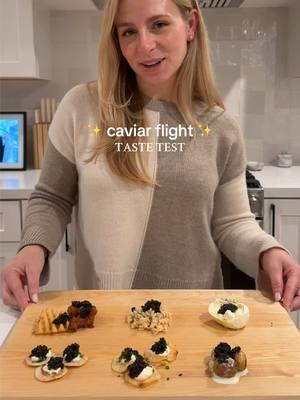 Caviar flight ✨ taste test!! I honestly loved them all, least favorite would have to be the classic blini I think. What is your fave?! #caviar #Recipe #foodflight #caviarflight #cooking #hosting #appetizer #tastetest #EasyRecipe #easysnack 