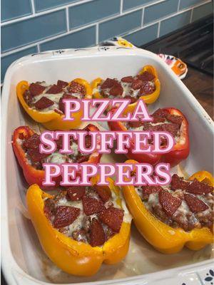 DAY 10 of healthy meal ideas is pizza stuffed peppers 🌶️ I love making different types of stuffed pepper recipes and this one is inspired by pizza with marinara sauce, mozzarella cheese, and pepperoni 🍕  Ingredients: 4 bell peppers 1 tbsp water (to steam peppers)  1 pound ground beef  1 small onion, chopped  4 cloves of garlic, minced 1 can diced tomatoes  1 tsp oregano 1 tsp thyme 2 tbsp basil 1 cup tomato sauce Salt Pepper Red pepper flakes Shredded mozzarella cheese Pepperoni, optional for topping  #healthydinner #healthydinnerideas #easydinnerideas #easydinnerrecipes #stuffedpeppers #stuffedpeppersrecipe #weeknightdinner #healthymealprep 